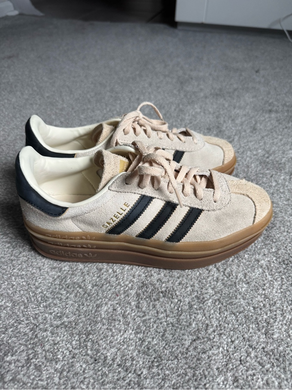 adidas gazelle bold Beige Suede Sneakers with Black Stripes